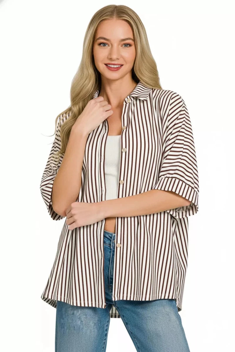 Zenana Oversized Stripe Button Down Shirt - 