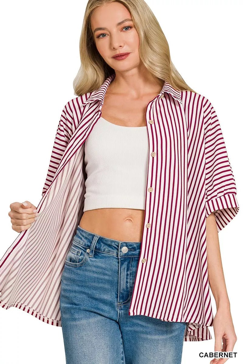 Zenana Oversized Stripe Button Down Shirt - 