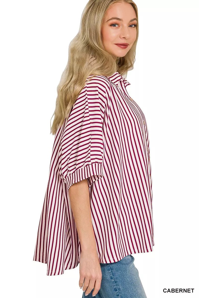 Zenana Oversized Stripe Button Down Shirt - 