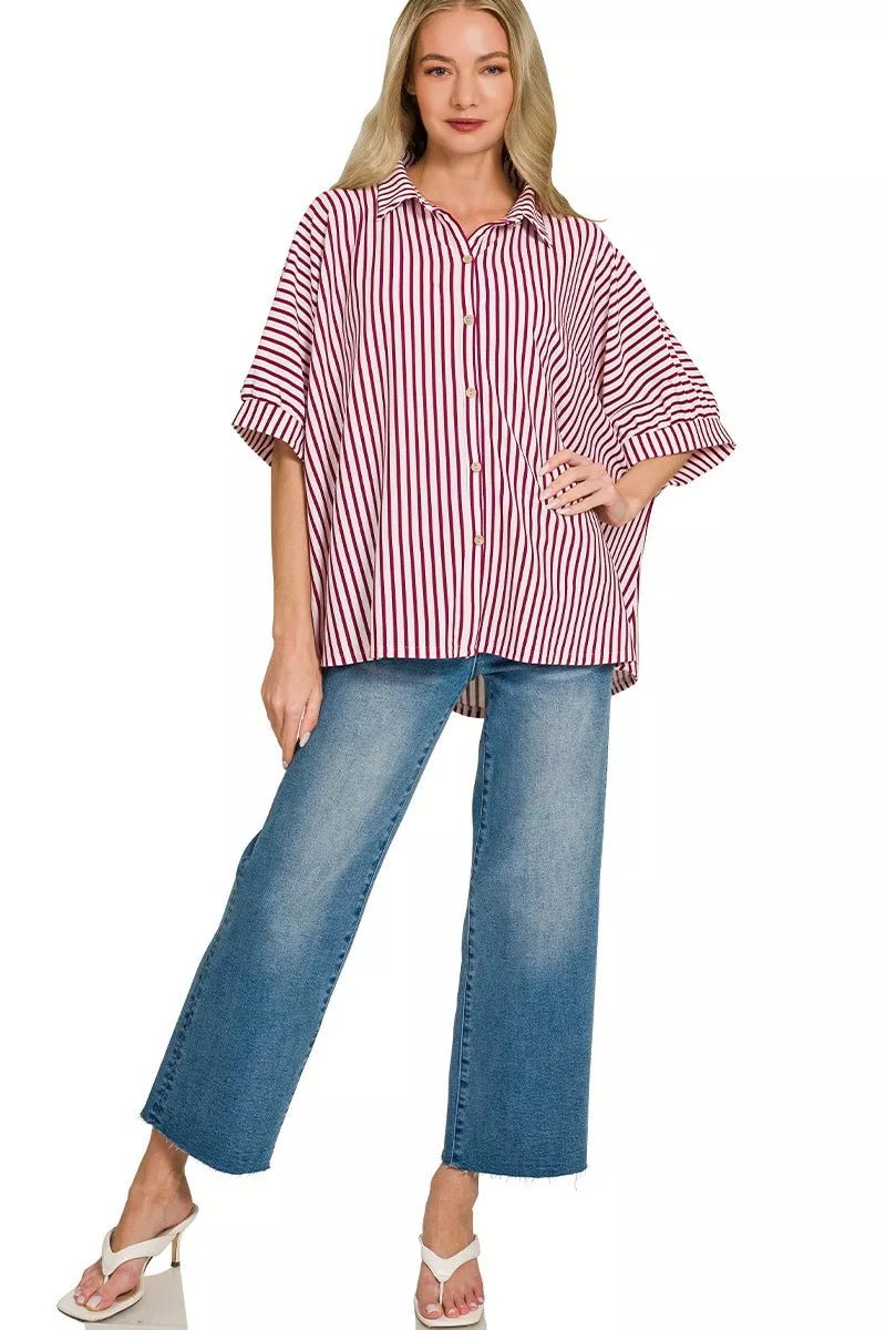 Zenana Oversized Stripe Button Down Shirt - 