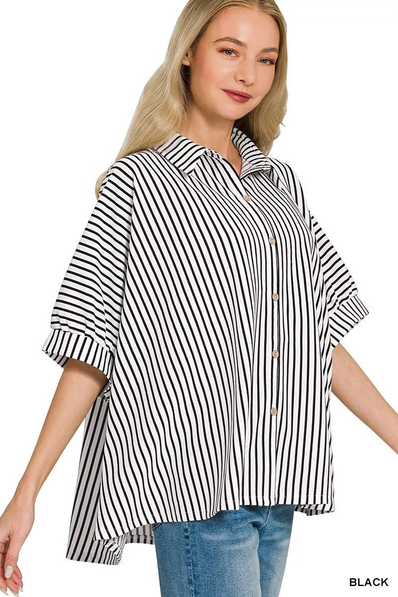 Zenana Oversized Stripe Button Down Shirt - 