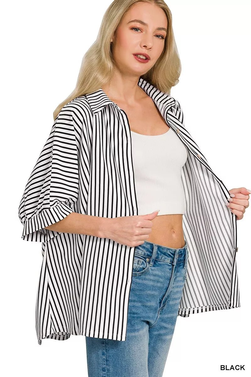 Zenana Oversized Stripe Button Down Shirt - 