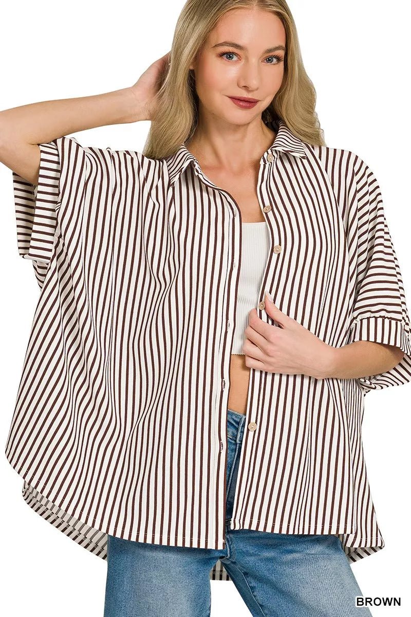 Zenana Oversized Stripe Button Down Shirt - 
