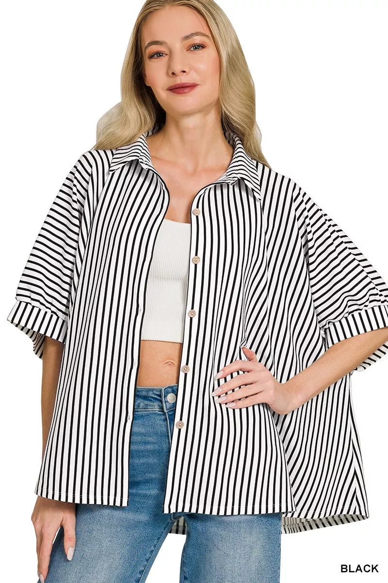 Zenana Oversized Stripe Button Down Shirt - 