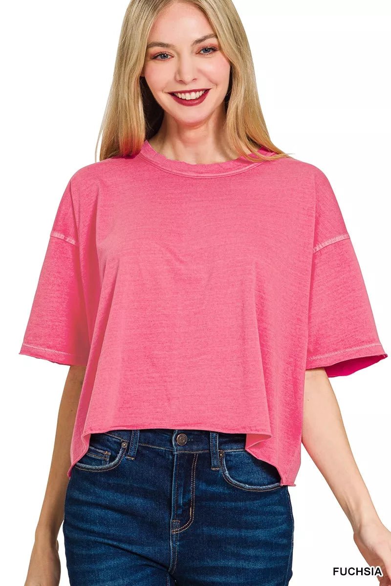 Zenana Pigment Dye & Enzyme Washed Oversized Crop Box Tee - 