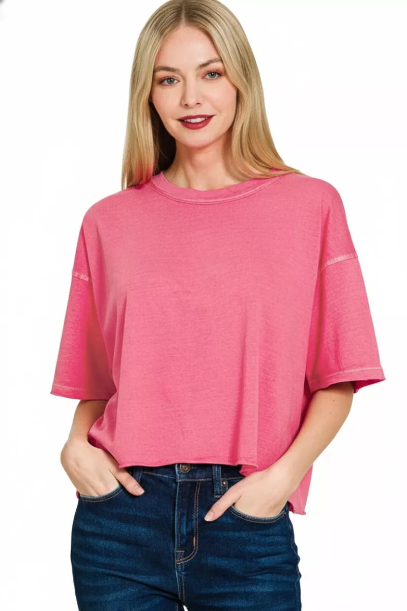 Zenana Pigment Dye & Enzyme Washed Oversized Crop Box Tee - 