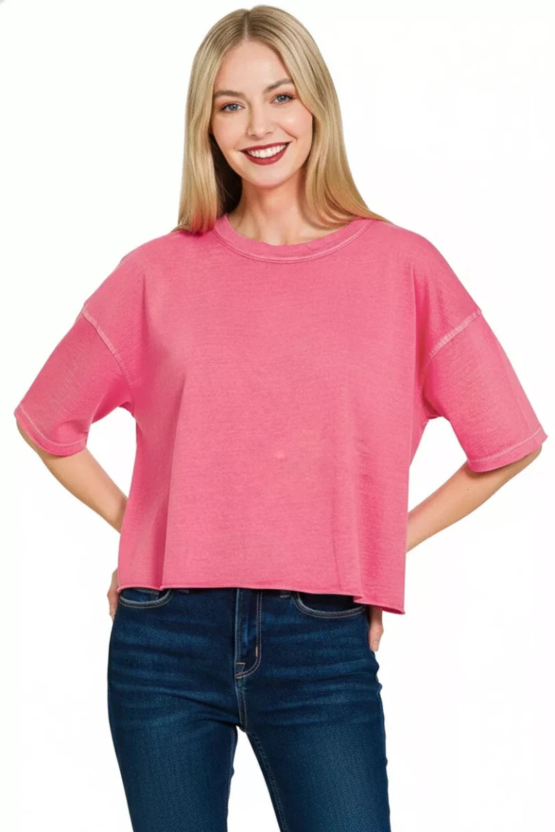 Zenana Pigment Dye & Enzyme Washed Oversized Crop Box Tee - 
