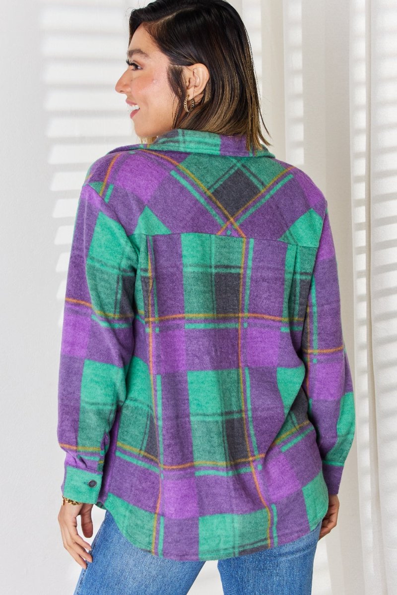 Zenana Plaid Button Up Long Sleeve Shacket - Outerwear