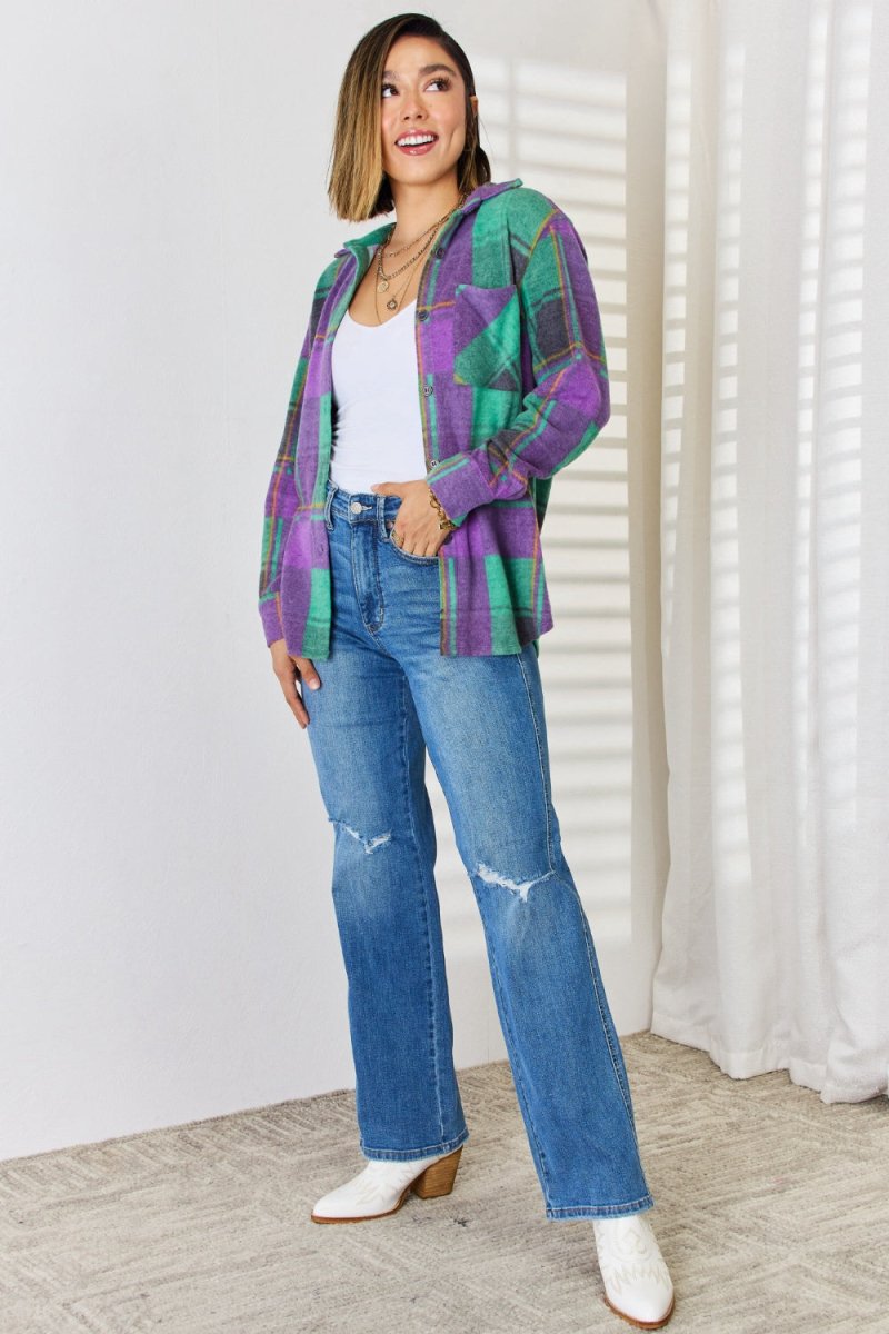 Zenana Plaid Button Up Long Sleeve Shacket - Outerwear