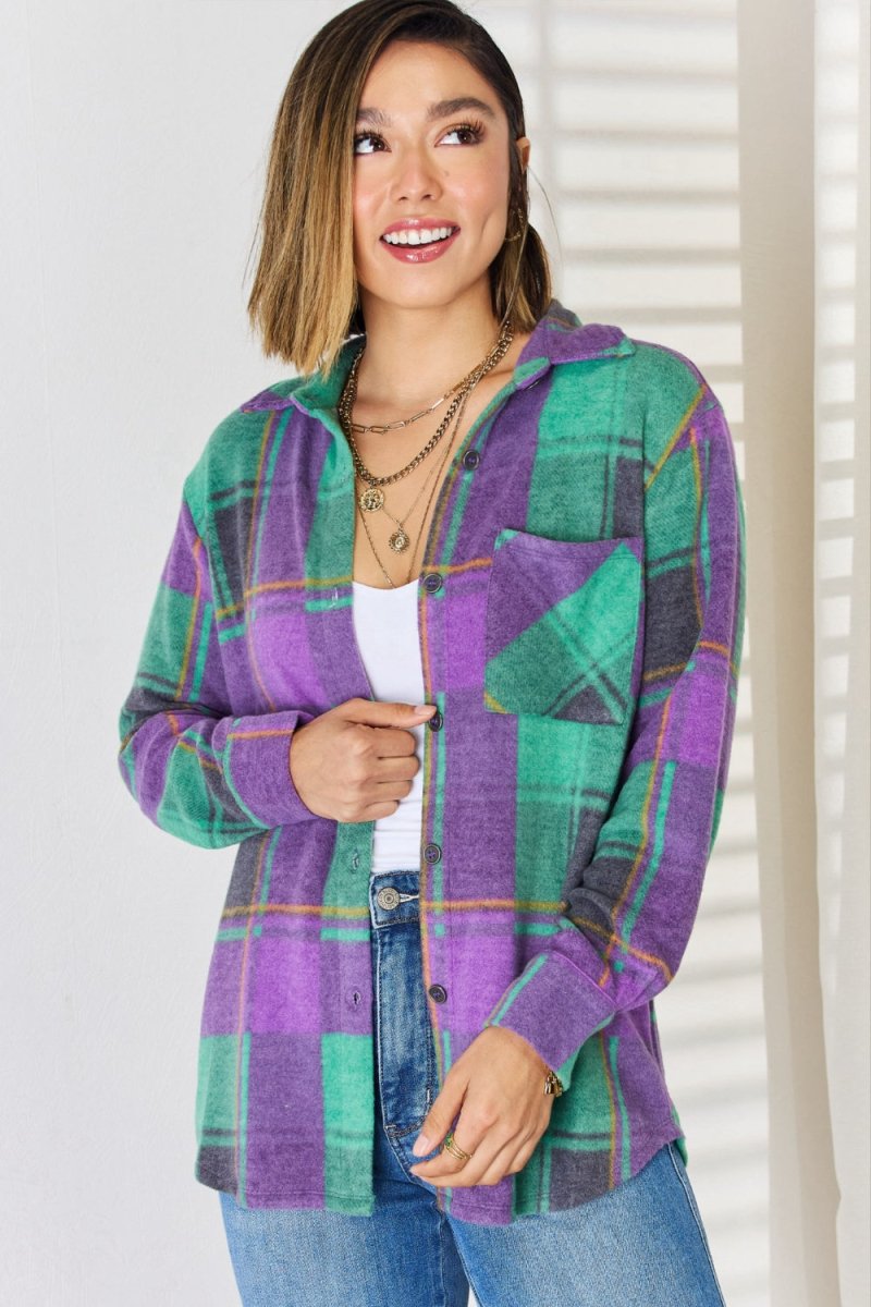 Zenana Plaid Button Up Long Sleeve Shacket - Outerwear