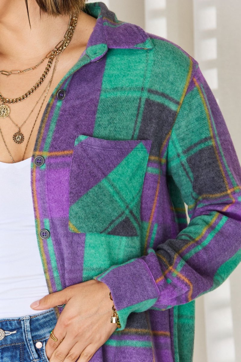 Zenana Plaid Button Up Long Sleeve Shacket - Outerwear
