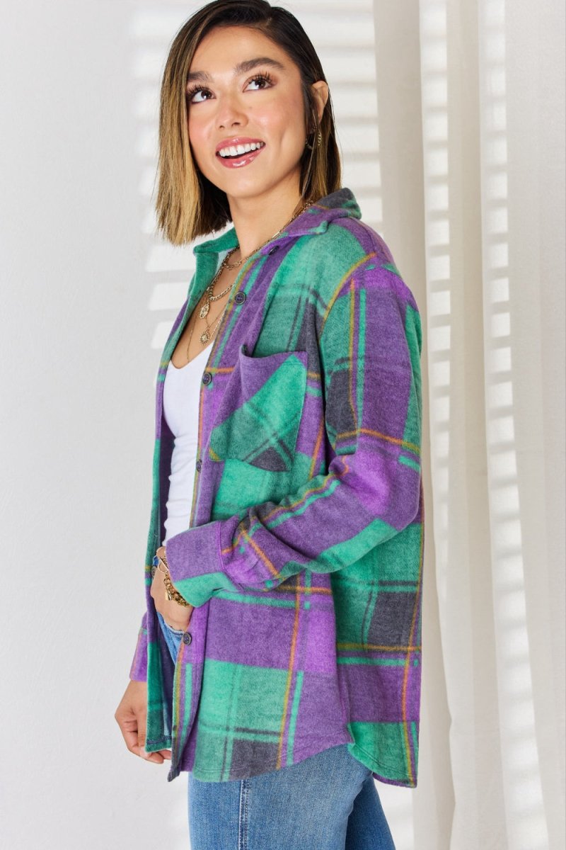 Zenana Plaid Button Up Long Sleeve Shacket - Outerwear