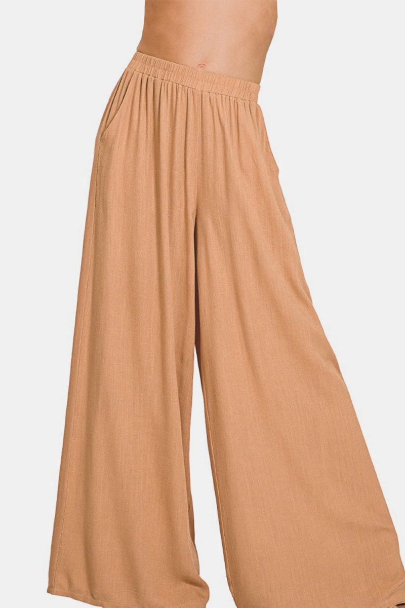 Zenana Pleated Linen Blend Wide Leg Pants - Bottoms