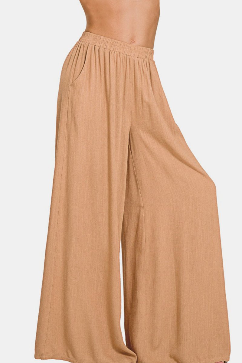 Zenana Pleated Linen Blend Wide Leg Pants - Bottoms