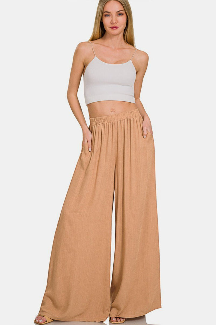 Zenana Pleated Linen Blend Wide Leg Pants - Bottoms