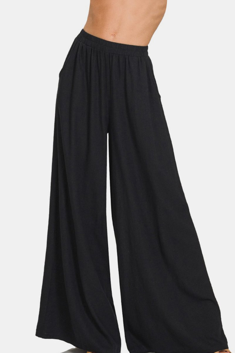 Zenana Pleated Linen Blend Wide Leg Pants - Bottoms