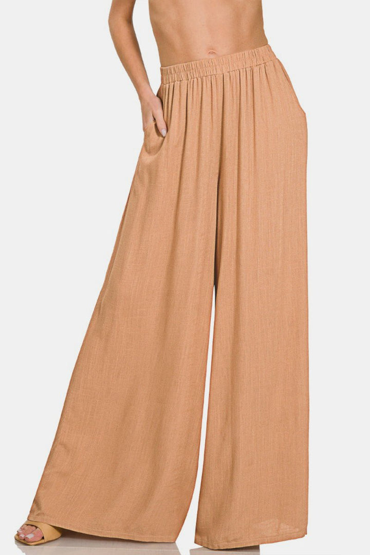 Zenana Pleated Linen Blend Wide Leg Pants - Bottoms