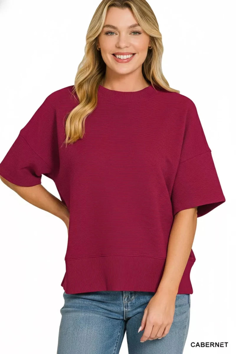 Zenana Ribbed Round Neck Waist Banded T-Shirt - 