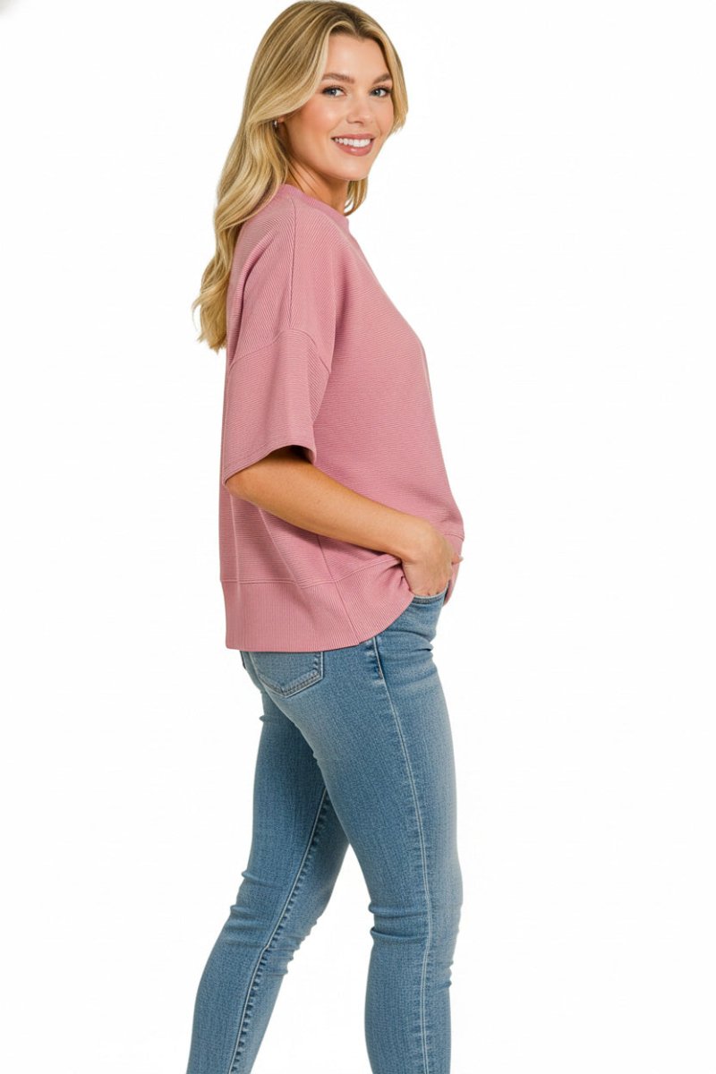 Zenana Ribbed Round Neck Waist Banded T-Shirt - 