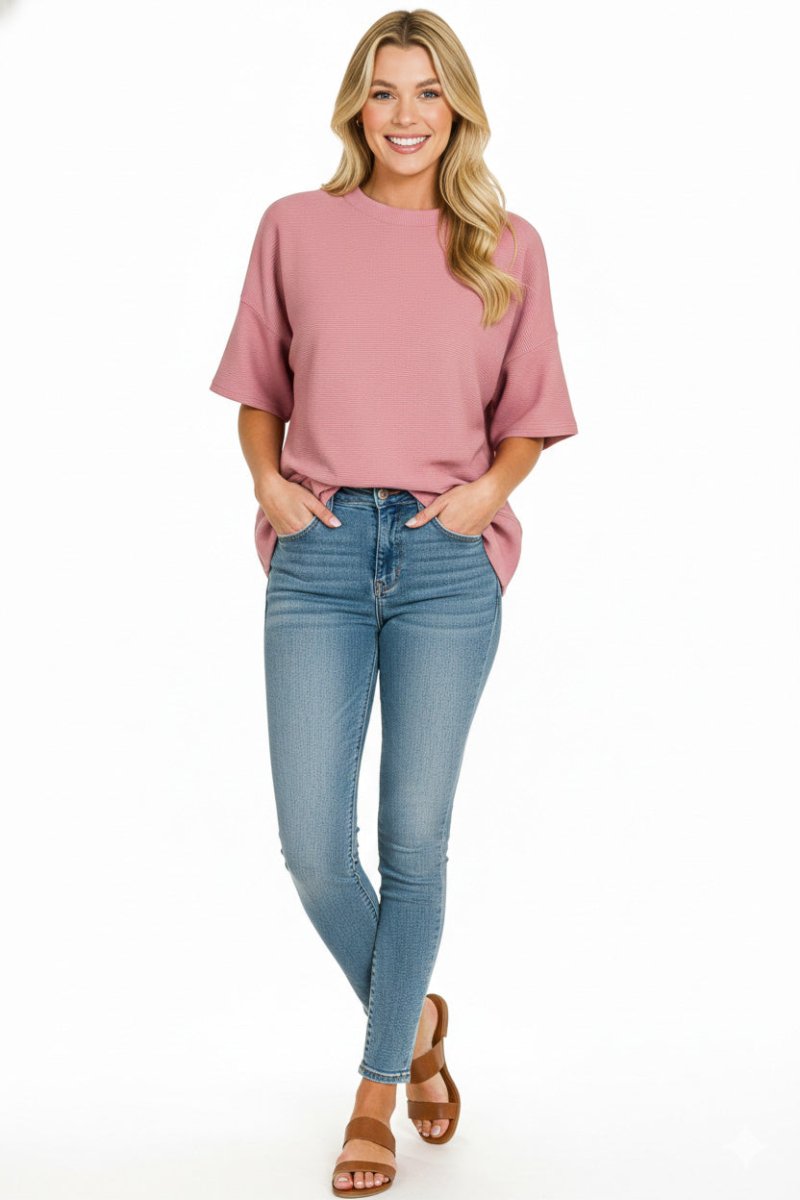 Zenana Ribbed Round Neck Waist Banded T-Shirt - 