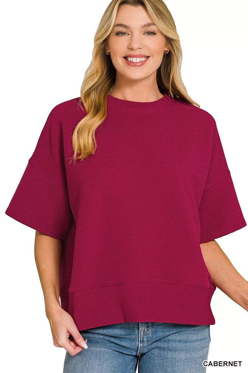 Zenana Ribbed Round Neck Waist Banded T-Shirt - 