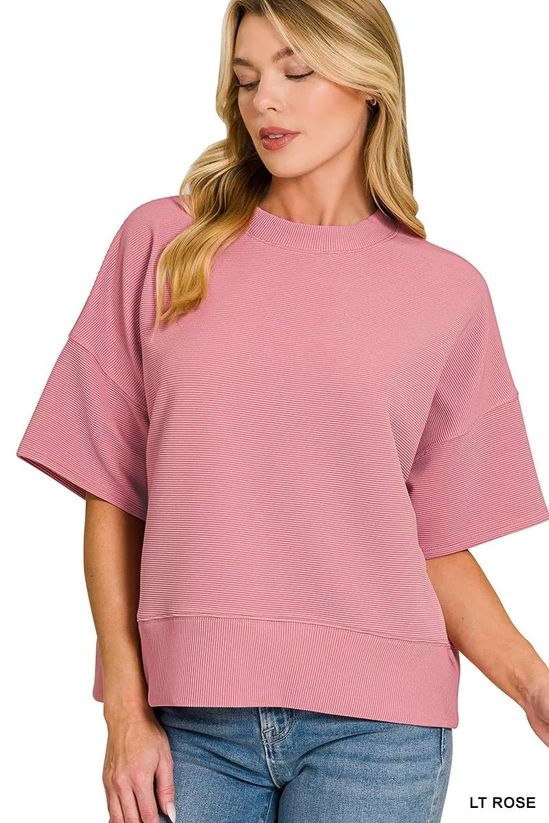 Zenana Ribbed Round Neck Waist Banded T-Shirt - 
