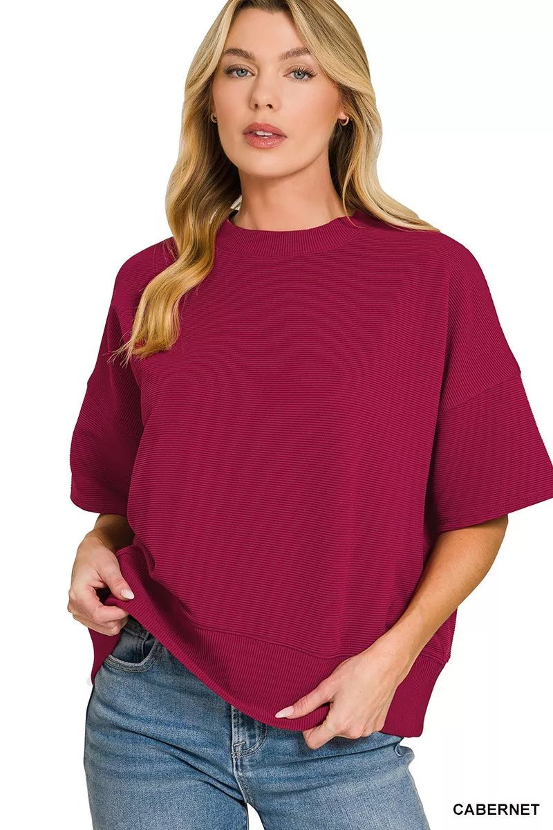 Zenana Ribbed Round Neck Waist Banded T-Shirt - 