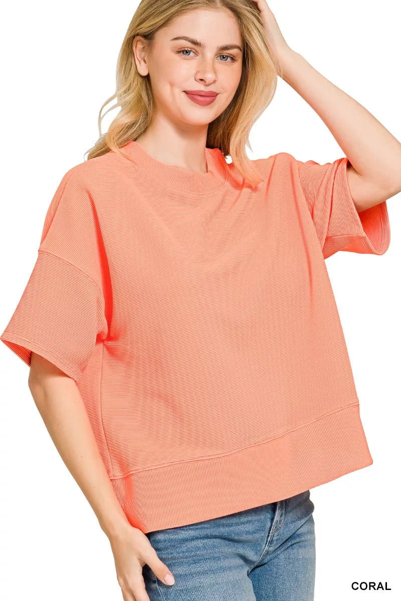 Zenana Ribbed Round Neck Waist Banded T-Shirt - 