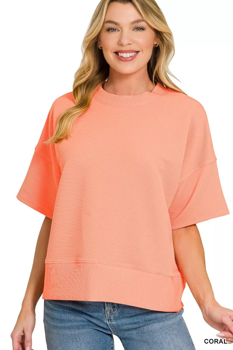 Zenana Ribbed Round Neck Waist Banded T-Shirt - 