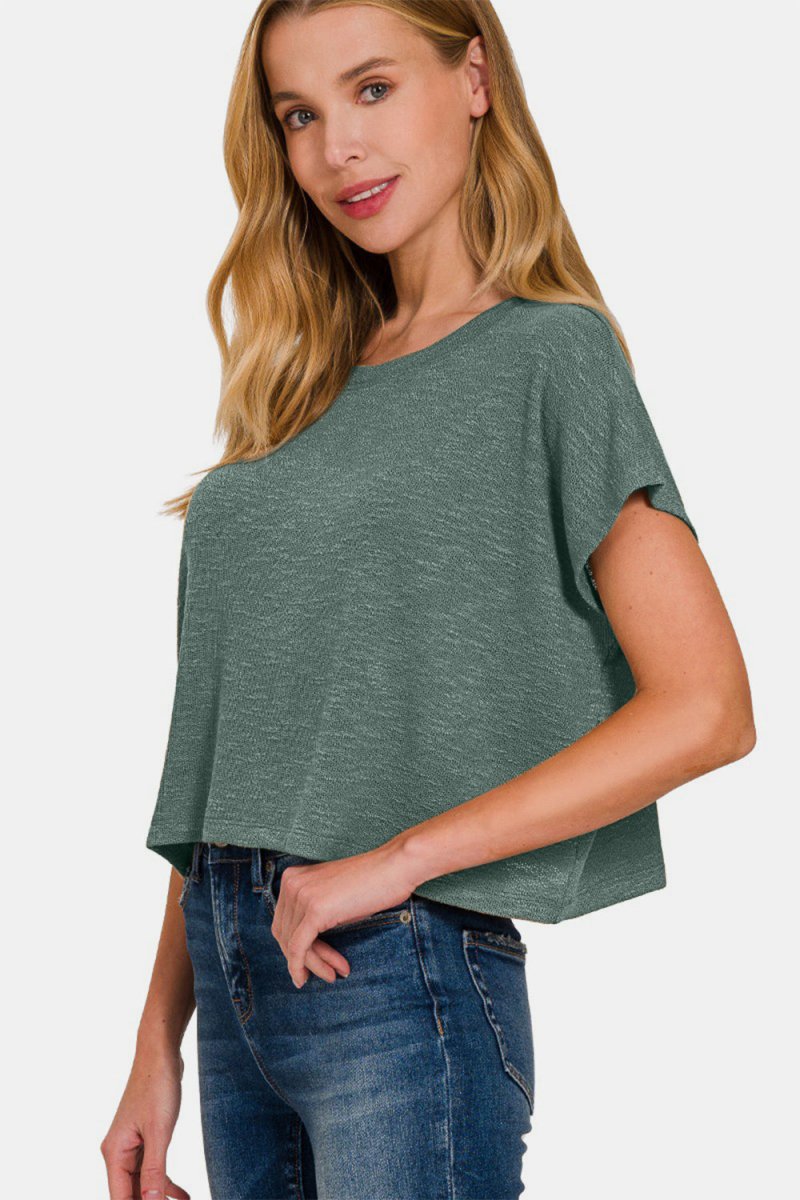 Zenana Round Neck Short Sleeve Crop T-Shirt - Top