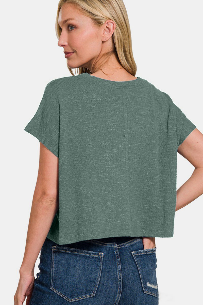 Zenana Round Neck Short Sleeve Crop T-Shirt - Top