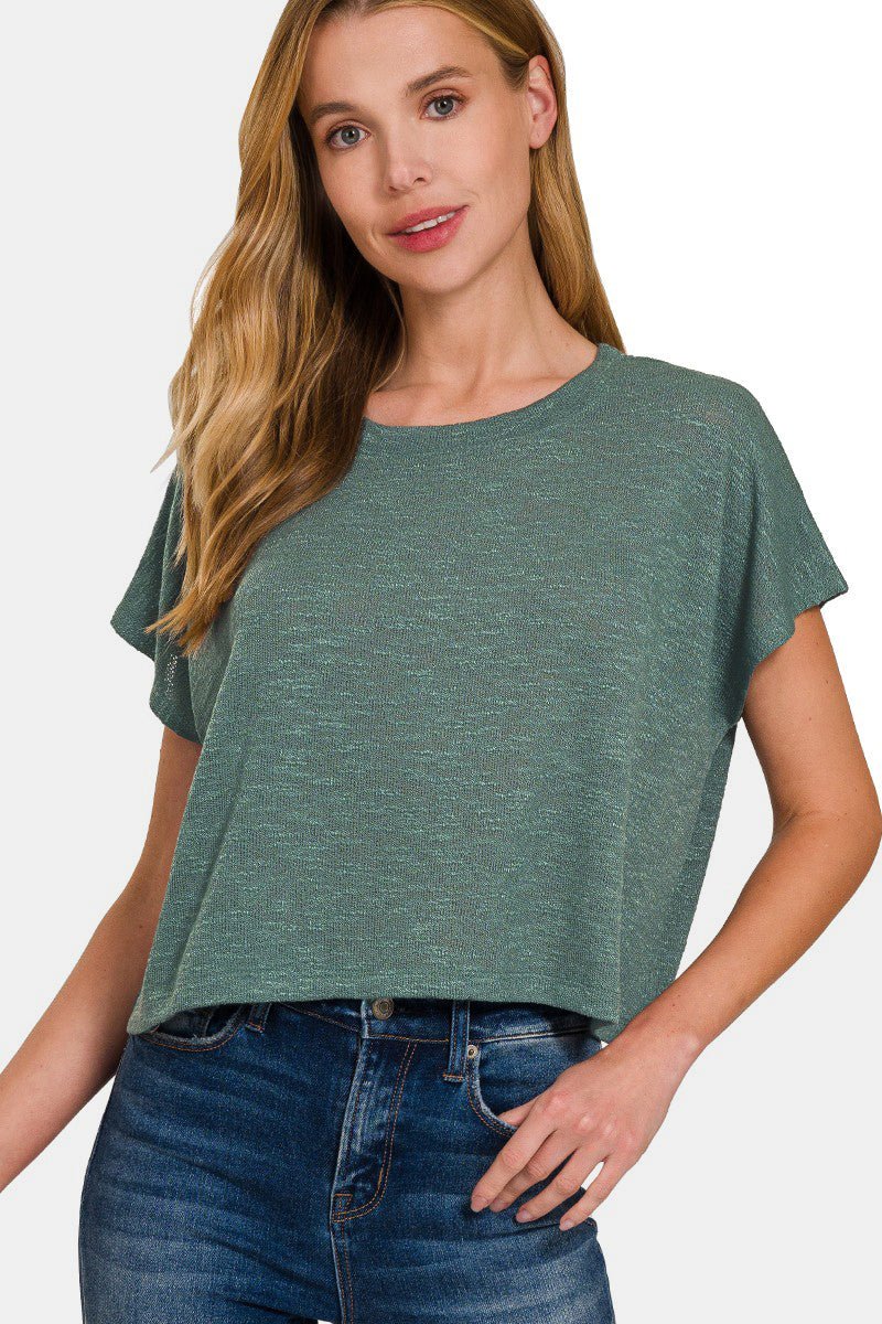 Zenana Round Neck Short Sleeve Crop T-Shirt - Top