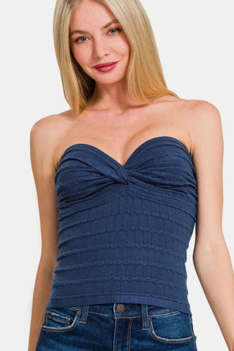 Zenana Ruched Twisted Sweetheart Neck Top - 