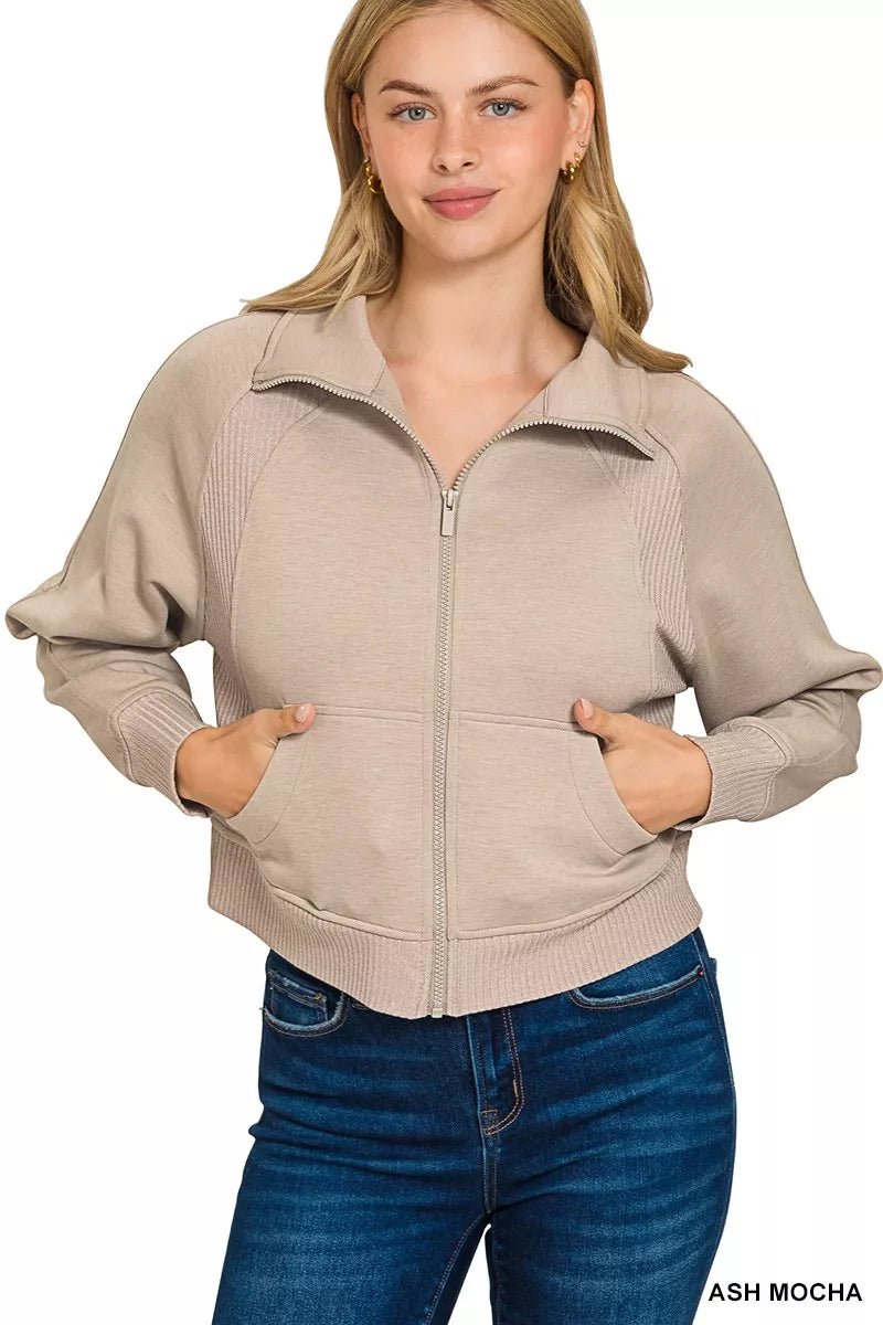 Zenana Scuba Full Zip Cropped Jacket with Pockets - 