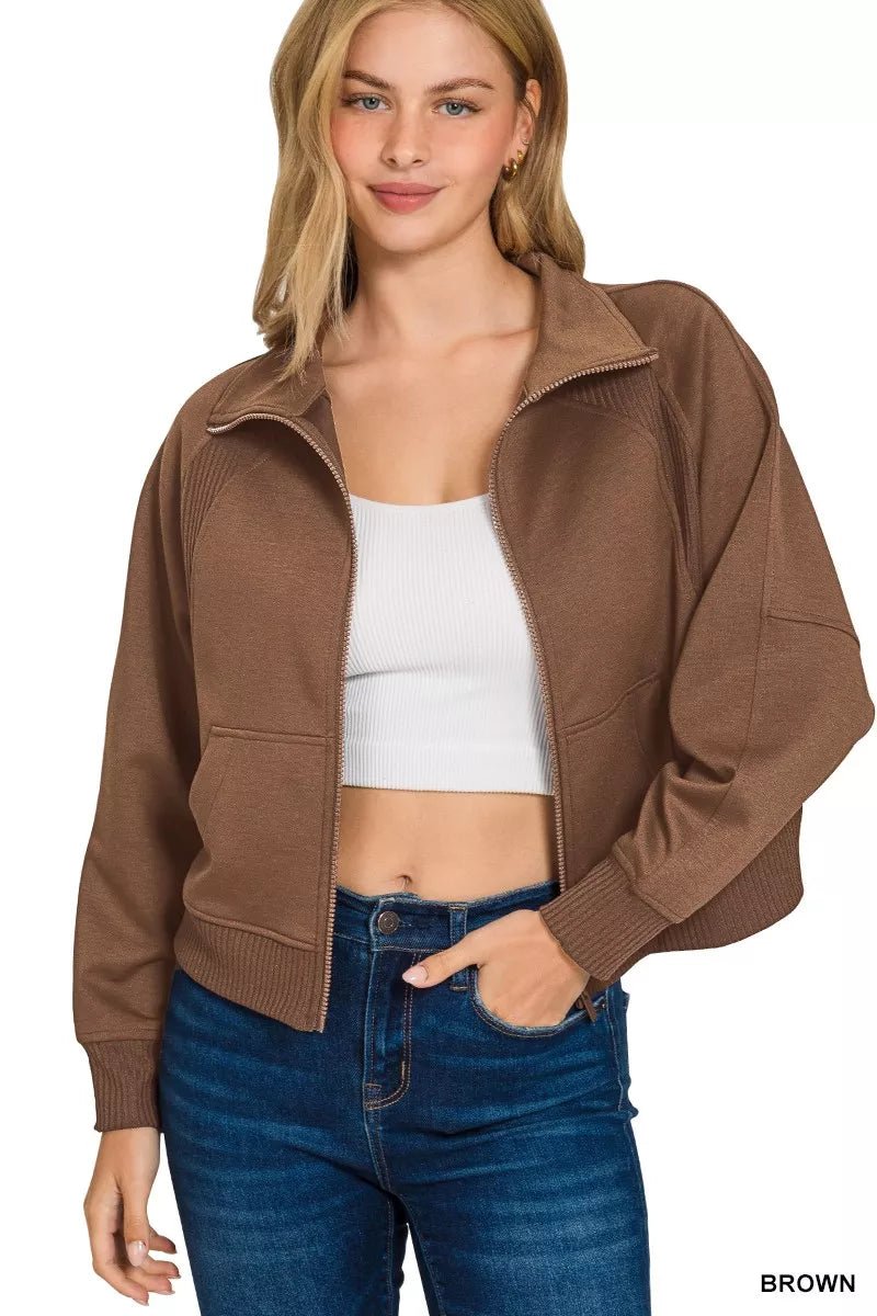 Zenana Scuba Full Zip Cropped Jacket with Pockets - 