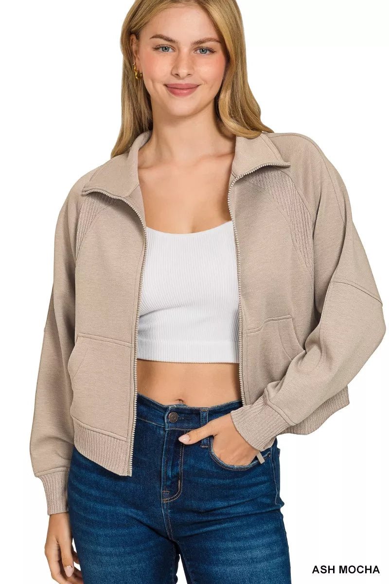 Zenana Scuba Full Zip Cropped Jacket with Pockets - 