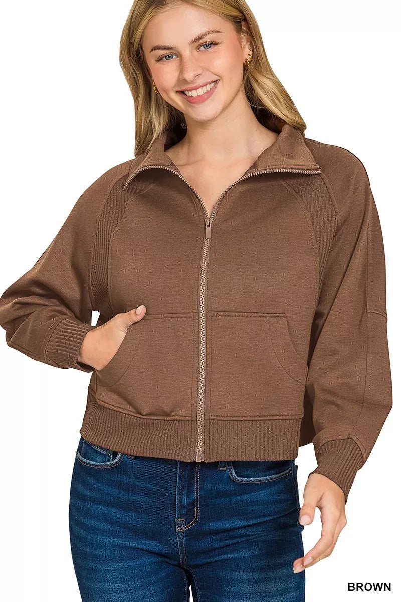 Zenana Scuba Full Zip Cropped Jacket with Pockets - 