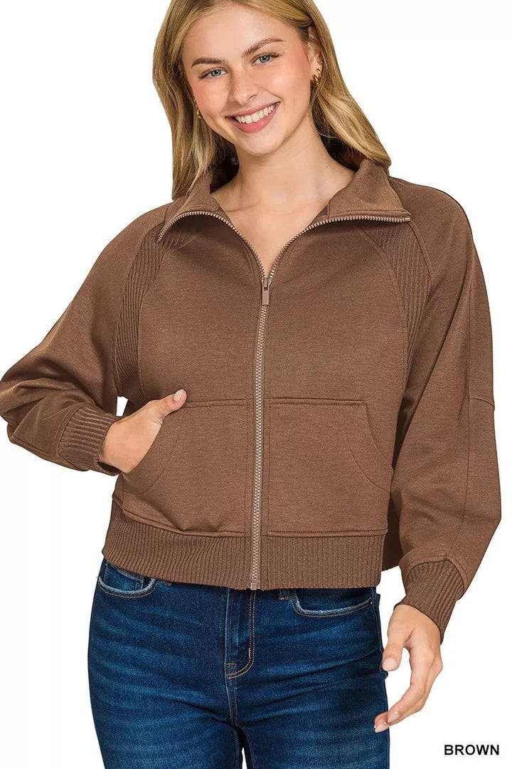 Zenana Scuba Full Zip Cropped Jacket with Pockets - 
