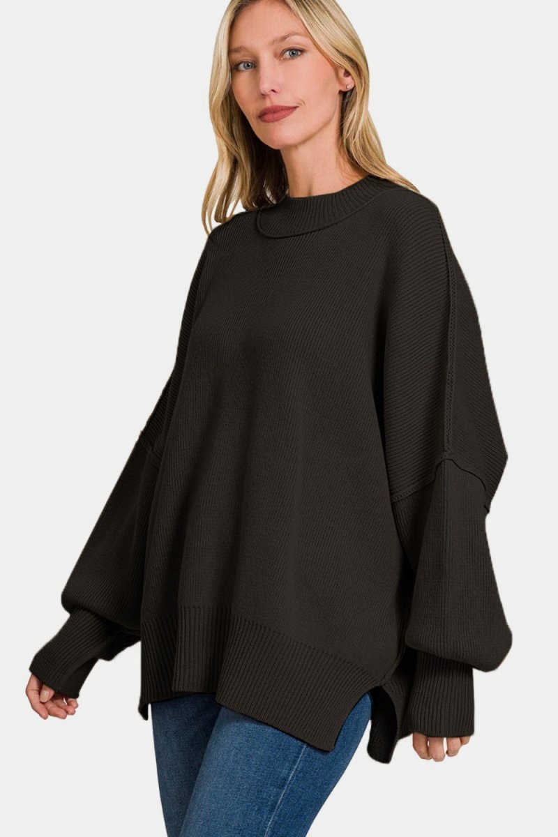Zenana Side Sit Oversize Sweater - Outerwear