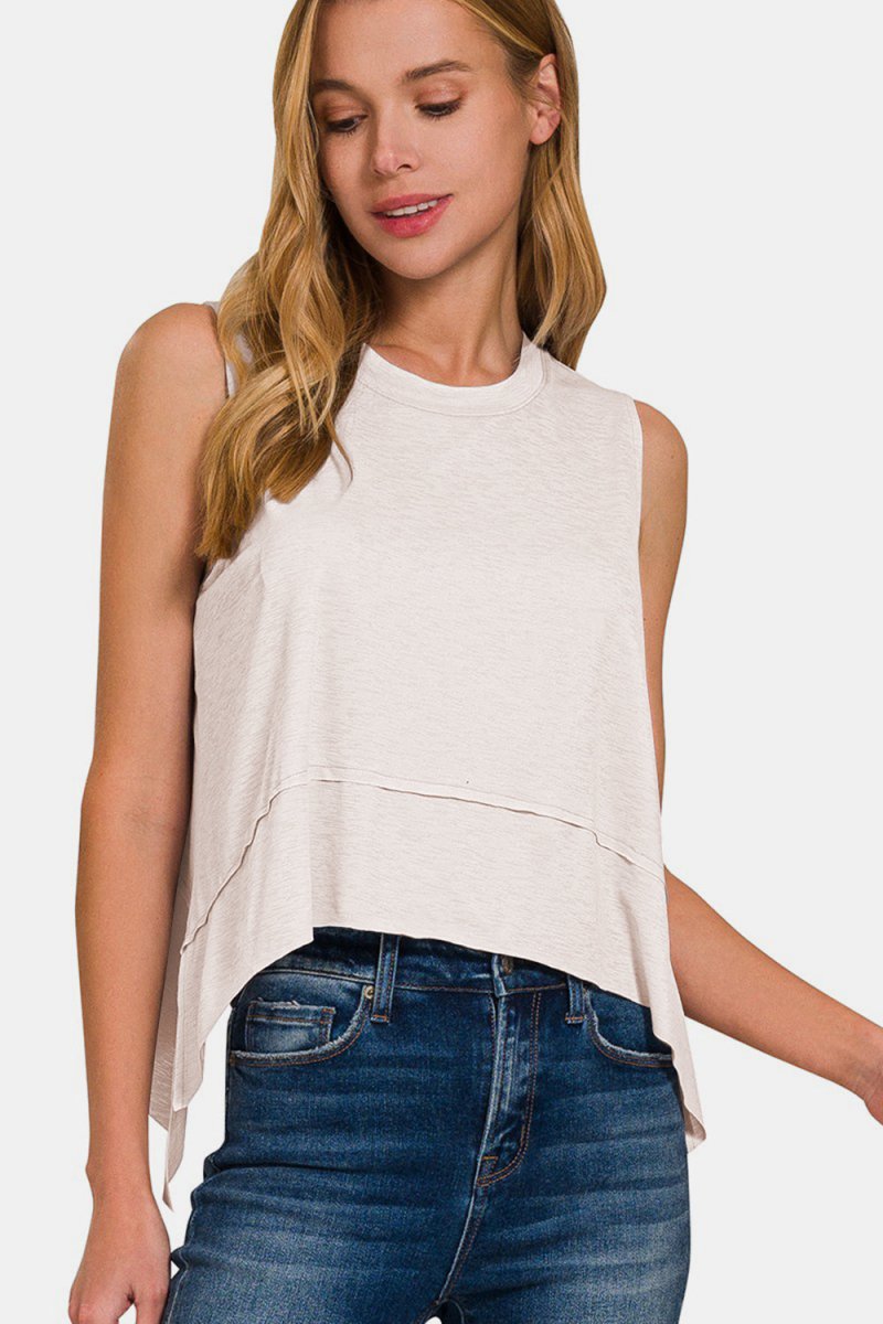 Zenana Slit High - Low Round Neck Tank - Top