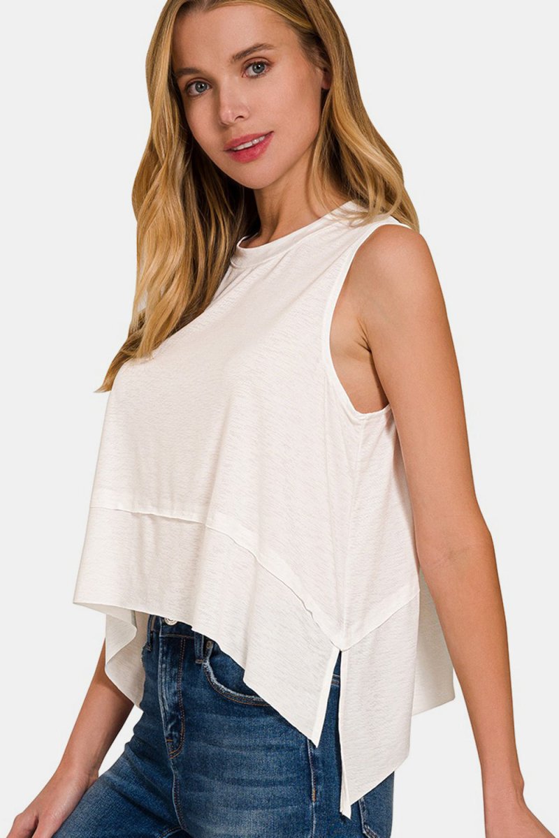 Zenana Slit High - Low Round Neck Tank - Top