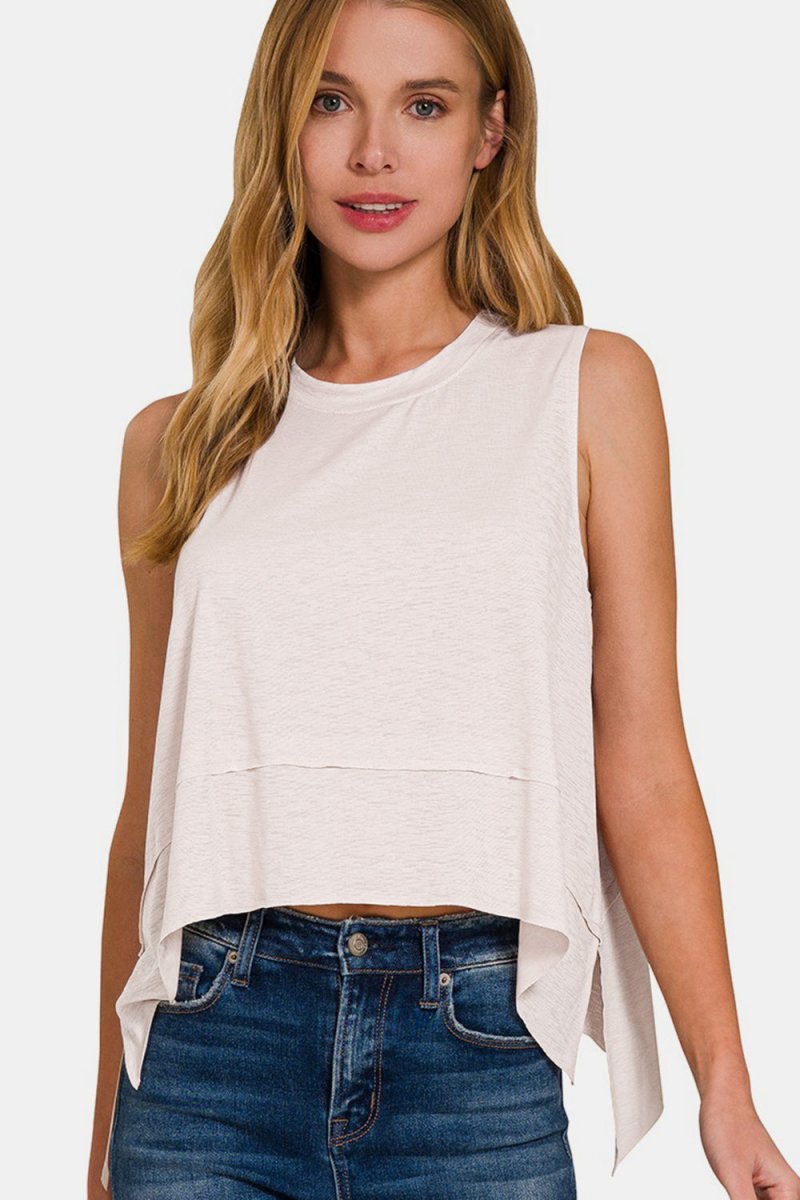 Zenana Slit High - Low Round Neck Tank - Top
