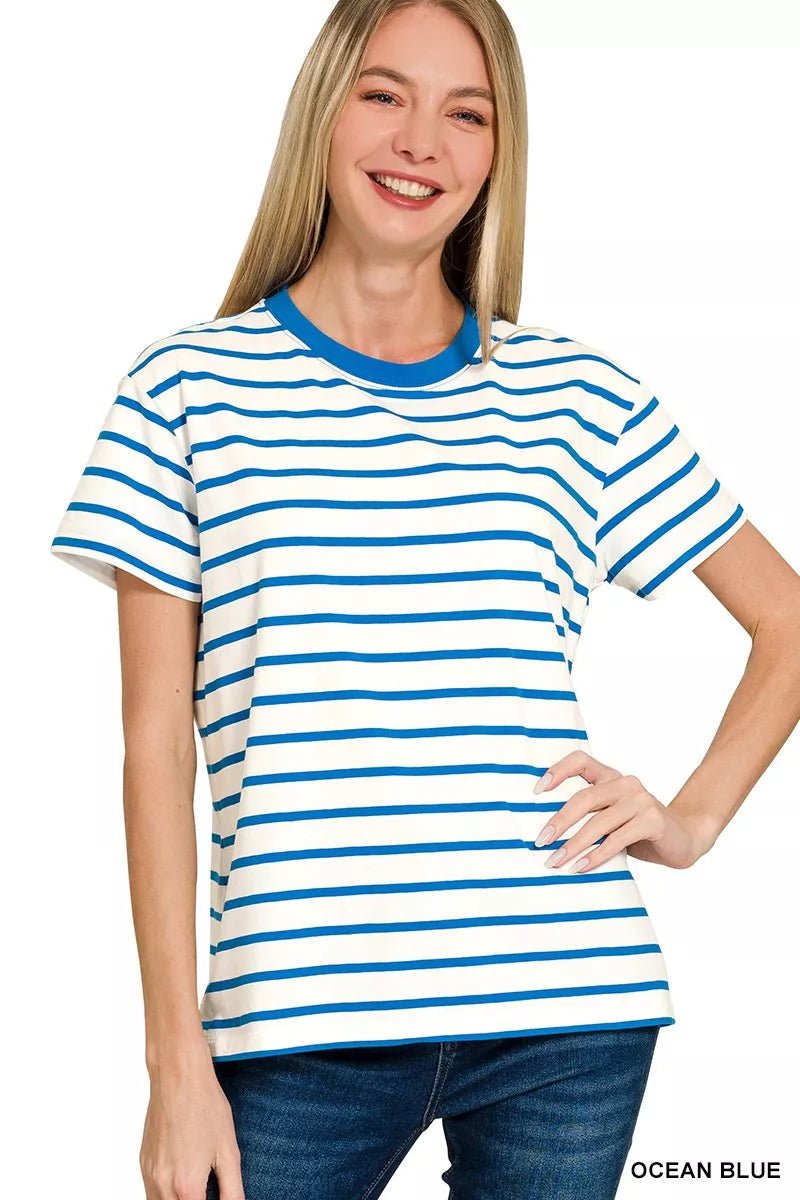 Zenana Striped Round Neck Short Sleeve T-Shirt - 