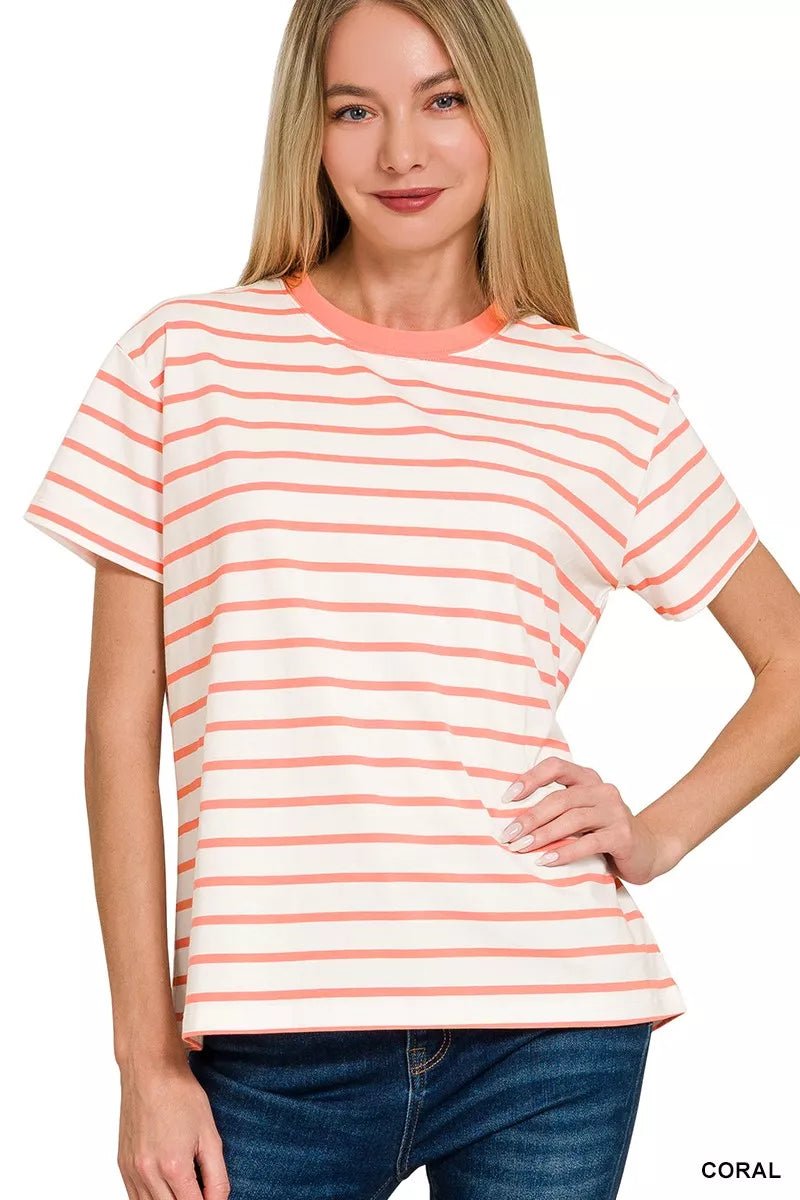 Zenana Striped Round Neck Short Sleeve T-Shirt - 