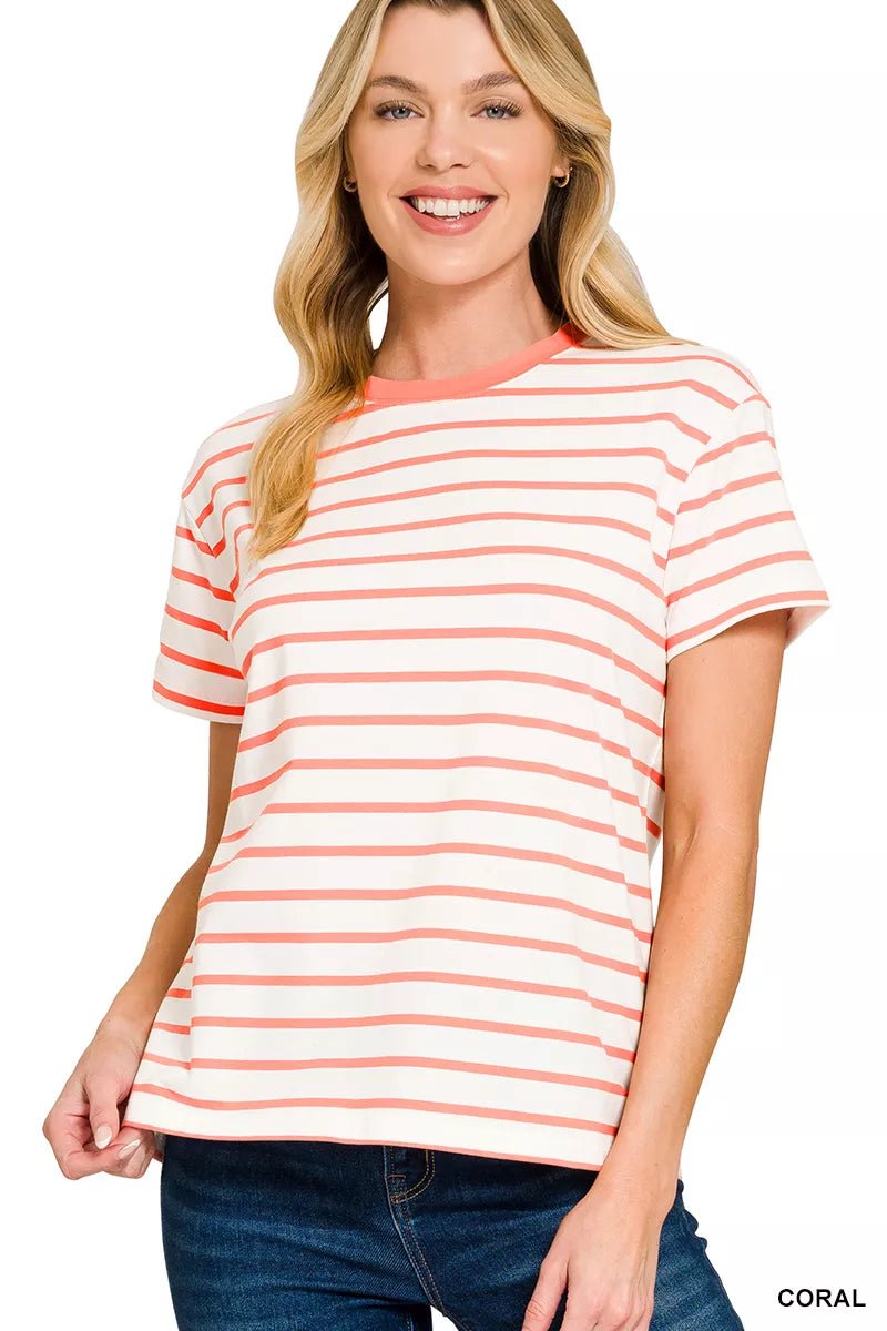 Zenana Striped Round Neck Short Sleeve T-Shirt - 