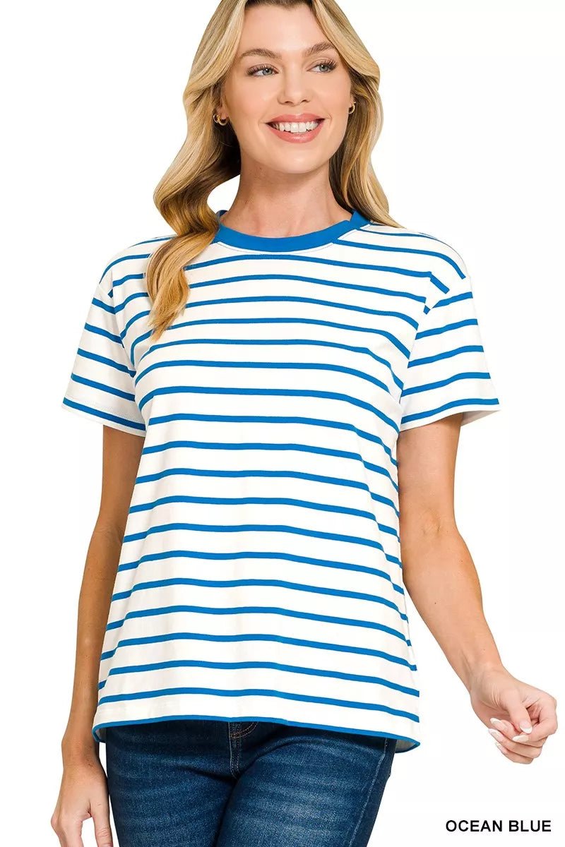 Zenana Striped Round Neck Short Sleeve T-Shirt - 