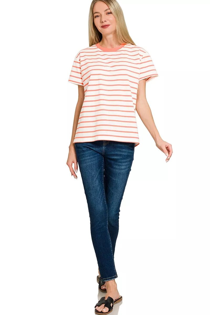 Zenana Striped Round Neck Short Sleeve T-Shirt - 