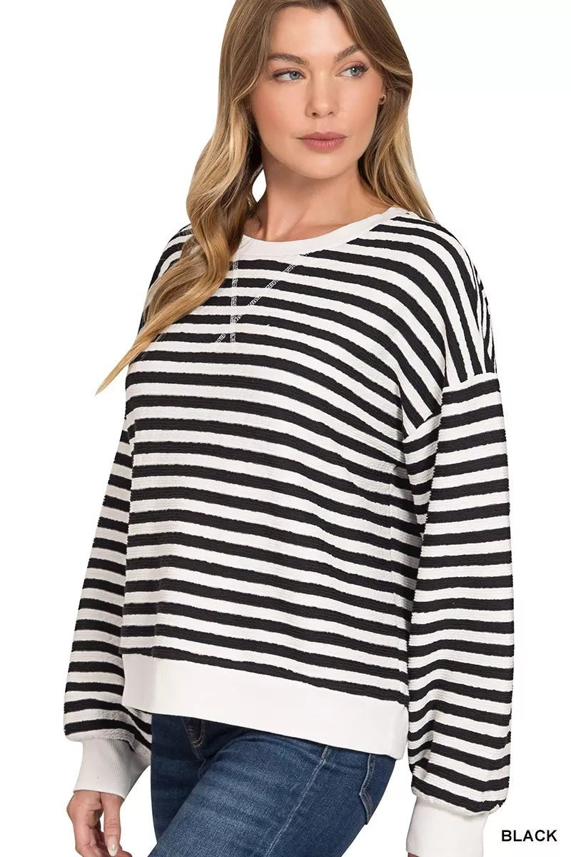 Zenana Striped Round Neck Sweatshirt - 