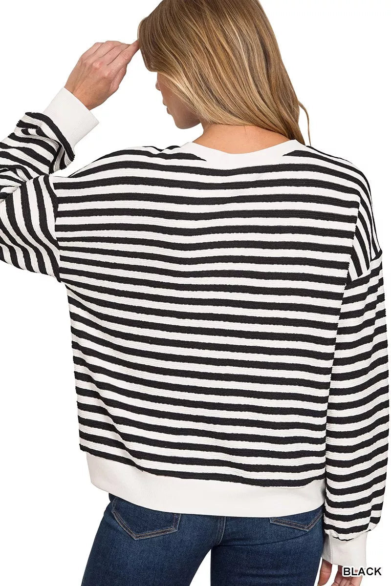 Zenana Striped Round Neck Sweatshirt - 