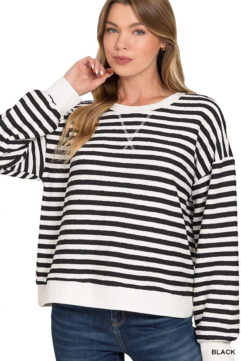 Zenana Striped Round Neck Sweatshirt - 